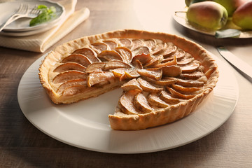 Delicious pear tart on plate