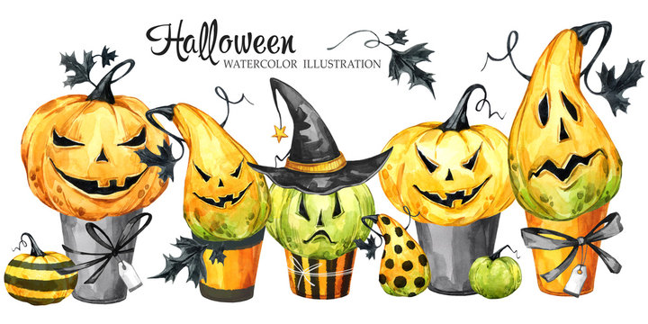 Watercolor border, set of cakes with cartoon pumpkins. Halloween holiday illustration. Funny dessert. Magic, symbol of horror. Baby background. Can be use in holidays design.