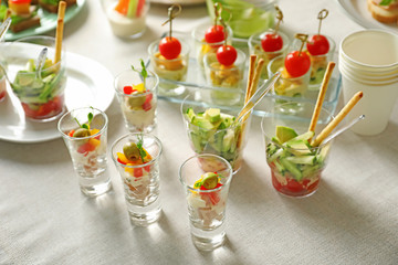 Banquet table with different snacks for baby shower