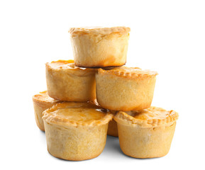 Meat mini pies arranged in form of pyramid, isolated on white