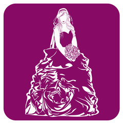 Contour image of the bride with a bouquet of flowers in her hands on a purple background