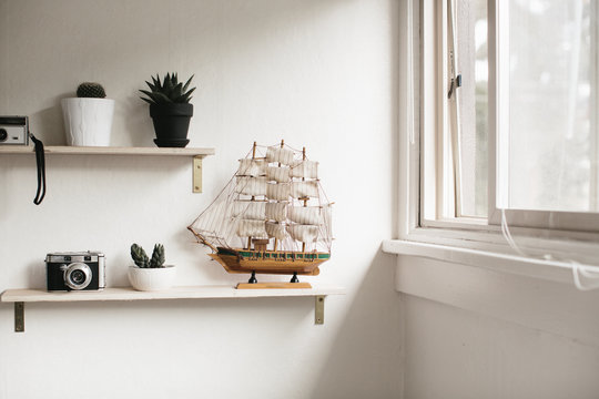 Shelves In Bright Sun Room With Plants And Model Ship