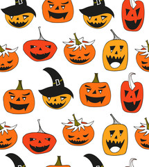 Halloween vector seamless pattern with angry pumpkins. Decorative background with funny drawing pumpkins