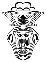 Ritual face monochrome drawing. Horrible face with slanted eyes and bared teeth, curiosum hat on head. Ornamental symmetric sketch in black and white, tribal ancient face mask