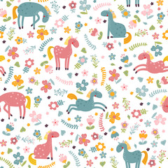 Seamless pattern with cartoon horse