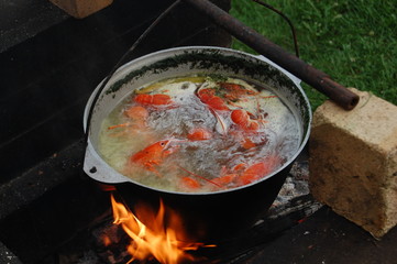 In a large cauldron boiled crawfish on the fire