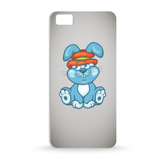 mobile phone case design with cartoon of blue cute baby rabbit in hat