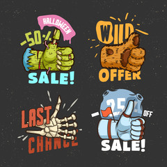 Best offer, sale labels with thumbs up hands. cosmonaut, zombie, skeleton, beast