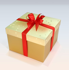 Gold Christmas Present with Red Bow - Detailed Illustration, Vector