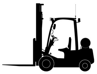 Black warehouse forklift. Side view. Warehouse, delivery and transportation of goods. No people.