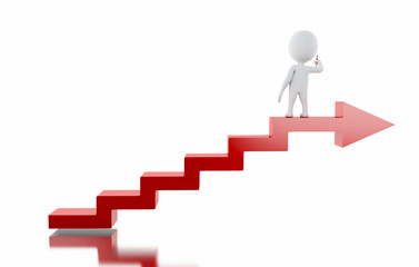 3d White people standing on the arrow ladder and writing on the empty wall