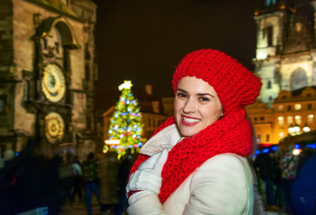 traveller woman at Christmas on Staromestske namesti in Prague