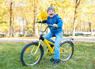 Obraz premium boy riding on Bicycle in autumn Park, bright sunny day, fallen leaves on background
