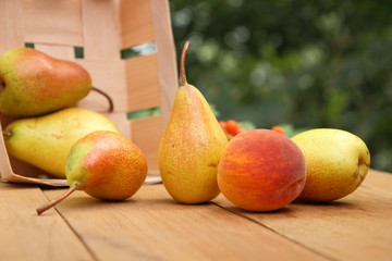 Pears, peach and rowan berries in a wooden box on a wooden table when harvesting in the forest