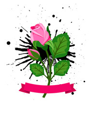 Pink rose on grunge background with ribbon