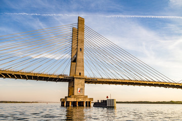 Cable-stayed bridge over Parana river, Brazil. Border of Sao Paulo and Mato Grosso do Sul states