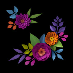 3d render, abstract colorful paper flowers, wall decor, autumn greeting card, floral design elements