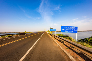 Road sign at border of Sao Paulo and Mato Grosso do sul states