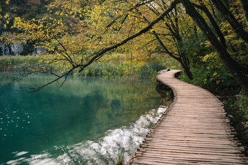 Fototapeta na wymiar Autumn day and wooden tourist path in Plitvice lakes national park-Croatia