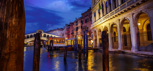 Panorama of Grand Canal and Rialto Bridge at night Venice, Italy