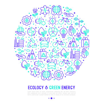Ecology and green energy concept in circle with thin bicolor line icons for environmental, recycling, renewable energy, nature. Vector illustration for banner, web page, print media.