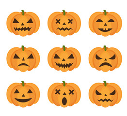 Halloween pumpkin icon set with emoji. Scary emoticons pumpkins collection. Isolated on white background. Vector illustration, clip-art