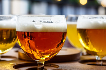 Different varieties of red beer poured in glasses.