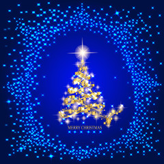 Abstract background with gold christmas tree and stars. Illustration in blue and gold colors.