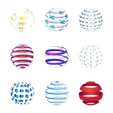 Sphere icons set isolated on white background. Graphic logo design. Vector illustration. Different colorful logotype collection