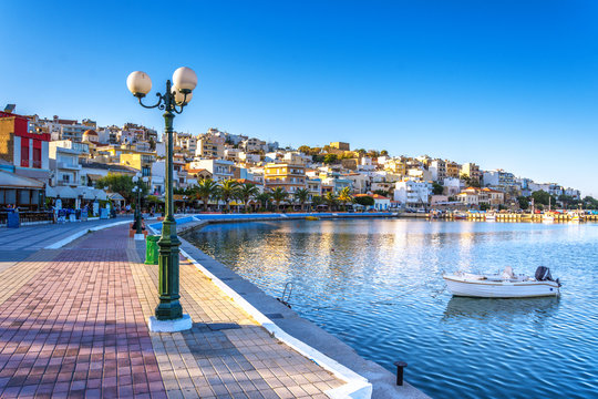 The pictursque port of Sitia, Crete, Greece at sunset. Sitia is a traditional town at the east Crete near the beach of palm trees, Vai.  