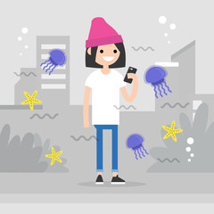 Augmented reality conceptual illustration. Young female character walking around the city surrounded by the augmented reality images of marine life. Flat editable vector illustration, clip art