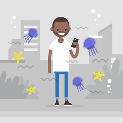 Augmented reality conceptual illustration. Young black character walking around the city surrounded by the augmented reality images of marine life. Flat editable vector illustration, clip art