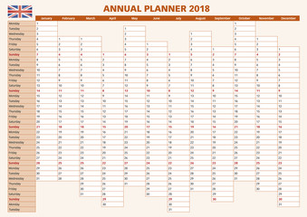 Annual planner english UK 2018 year planner