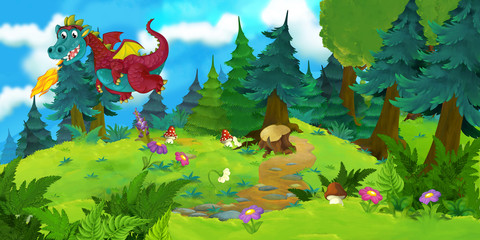 Fototapeta na wymiar cartoon background of a dragon in the forest - illustration for children