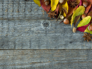 Naklejka na ściany i meble Autumn background with dry leaves, nuts, acorns cinnamon spices on wooden table. Copy space