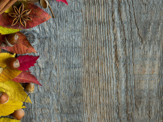 Autumn background with dry leaves, nuts, acorns cinnamon spices on wooden table. Copy space