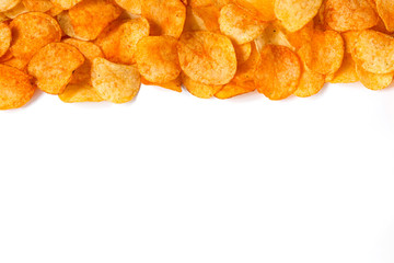 Golden Chips potato texture. Chips on white background with place for text