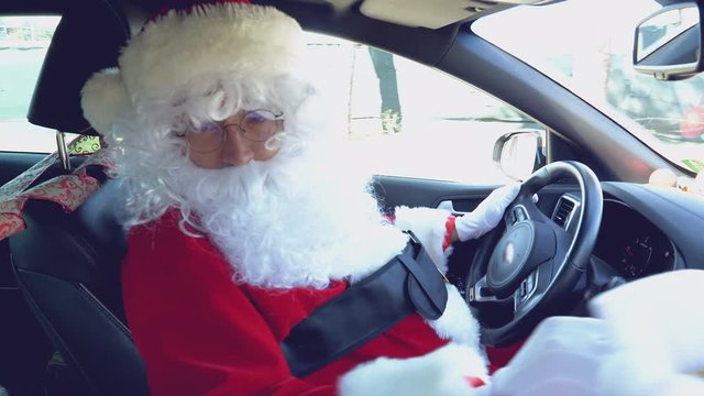 Funny Santa Claus driving car checking bag with toys 4K