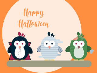 Halloween card template with stylized penguin characters. Modern flat illustration.