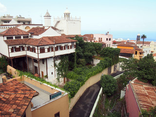 Fototapeta na wymiar panoramic view of La Orotava in Tenefife showing colorful painted buildings profuse plants and the sea