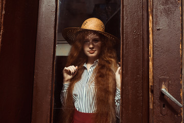 Beautiful young red haired model in straw hat with shadow on her face and freckles
