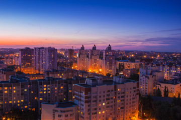 Evening Voronezh aerial cityscape. Modern residential area