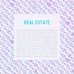 Real estate concept with thin line houses and trees. Modern vector illustration for background of banner, web page, print media with place for text.