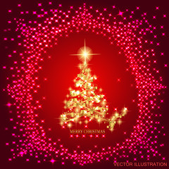 Abstract background with gold christmas tree and stars. Illustration in red and gold colors.Vector illustration.