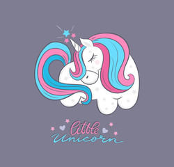 Vector cute unicorn, cartoon, illustration. Print a child's T-shirt, hand drawing of the lettering.