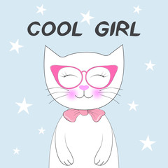 Cute fantasy cat in pink glasses. Sweet kids graphics for t-shirts.