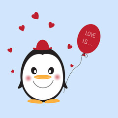 Little cute fantasy penguin with a red baloon in hat. Sweet kids graphics for t-shirts.
