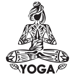 Girl in lotus yoga pose with pattern