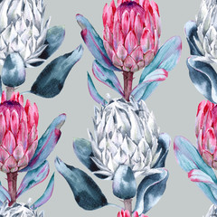 Background of flowers protea. Seamless pattern.