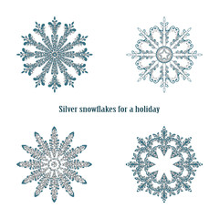 Vector illustration of snowflakes with silver glittering texture